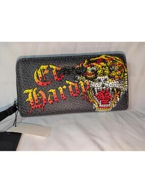 ED HARDY Black Bling Tiger Tattoo Full Size Zip Wristlet Wallet ~ Y2K ~ NWT
